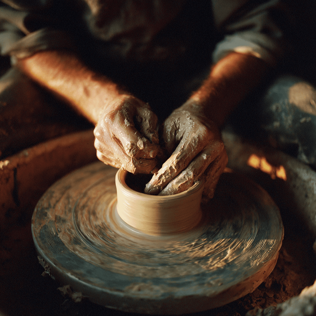 Hands shaping clay on a pottery wheel